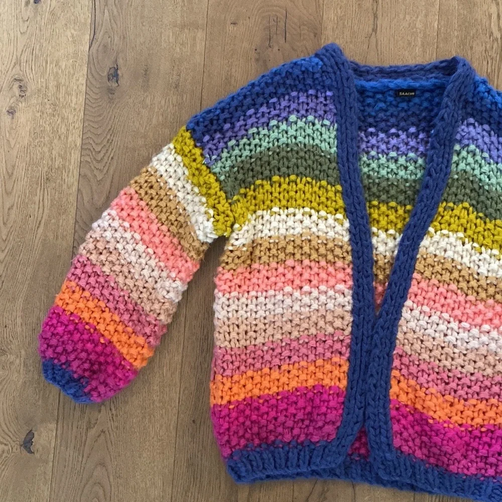 SAACHI Multicolor Chunky Knit Striped Cardigan - Blue, Pink, Yellow - Picture 10 of 13